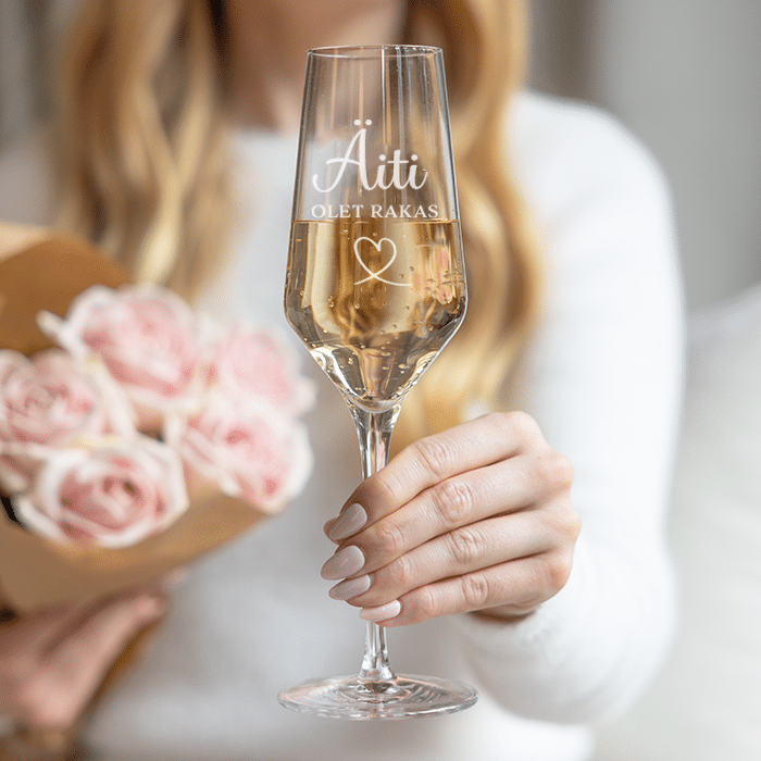 Shampanjalasi kaiverruksella, äitienpäivälahja