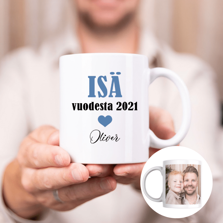 Isänpäivämuki tekstillä ja kuvalla