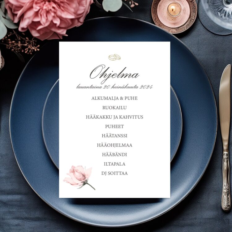 Menu/hääohjelmakortti, Blushing Rose