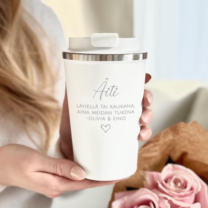 Termosmuki kaiverruksella, äitienpäivälahja