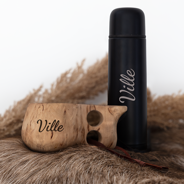 Visakoivukuksa ja musta termospullo -lahjasetti