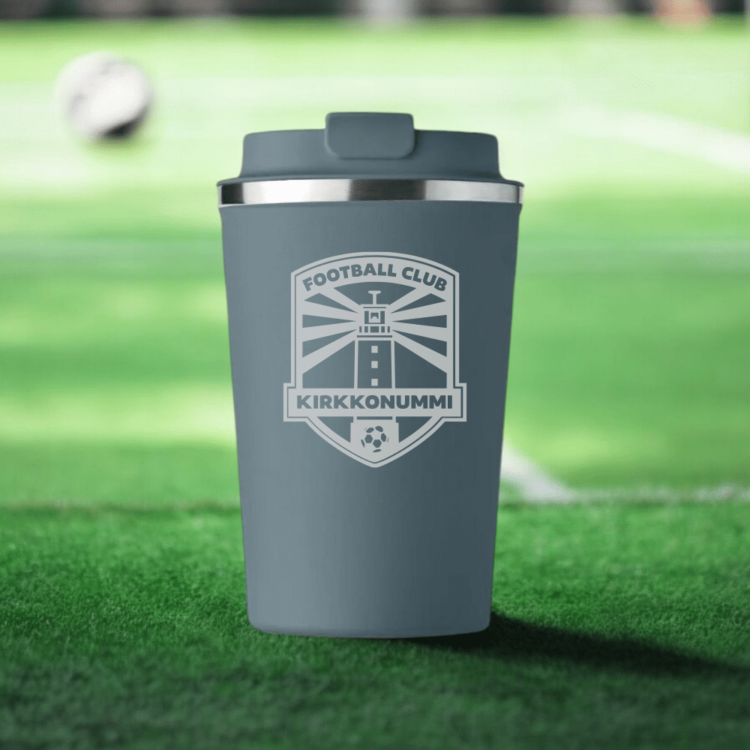 Termosmuki joukkueen logolla, harmaasininen