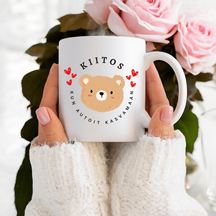 Muki painatuksella, lahja päiväkodinhoitajalle