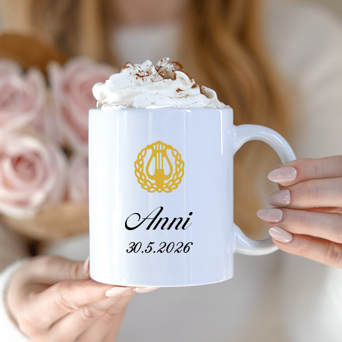 Muki painatuksella, ylioppilaslahja