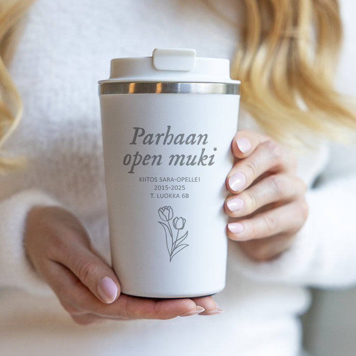 Termosmuki kaiverruksella, lahja opettajalle