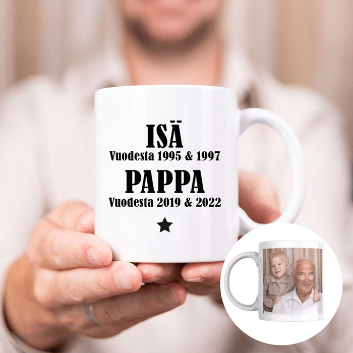 Muki tekstillä ja valokuvalla, papalle