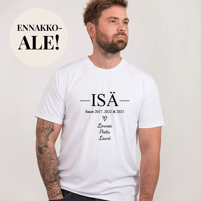 T-paita painatuksella, vuosiluvuilla ja lasten nimillä
